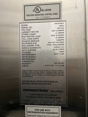 44" width x 37" D x 44" H Thermotron #FM-64-55-S, Temperature & Humidity Test Chamber, 10-90 deg. C., 208V. - Image 3