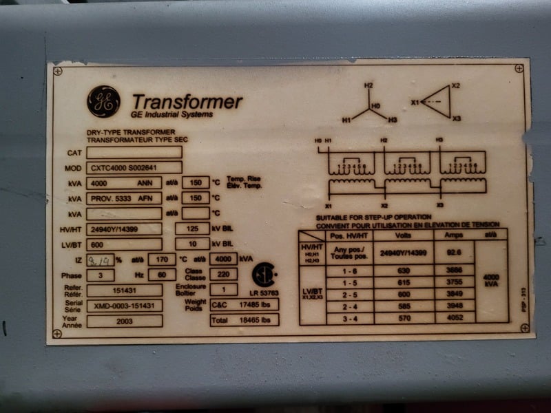 4000 KVA 24940Y/14400 Primary, 600 Secondary, General Electric CXTC4000 S002640 transformer, 2003 - Image 2