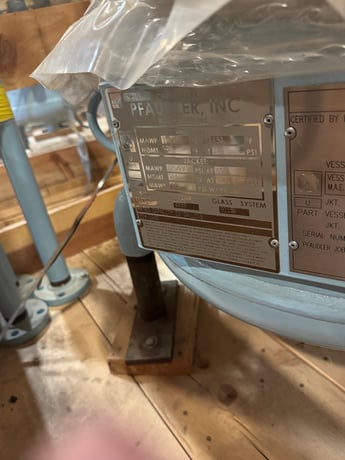 20 gallon Pfaudler, clamped top glass lined reactor, 150 psi internal, 125 psi jacket, unused, 2020 - Image 2