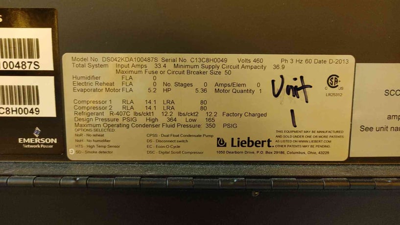 12 Ton, Liebert #DS042KDA100487S, CRAC Unit, Glycol Cooling, R-407C, 364/165 psig, 5.36 HP, 460 V, 2013 - Image 2