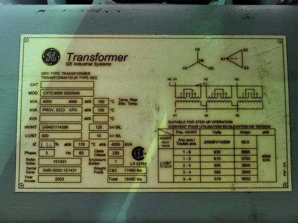 4000 KVA 24940Y/14399 Primary, 600 Secondary, General Electric CXTC4000 S002640, dry, 2003 - Image 2