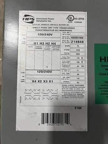 5 KVA 120/240 Primary,, Hammond #214848, Single Phase Transformer, Dry Type, 3R enclosure - Image 3