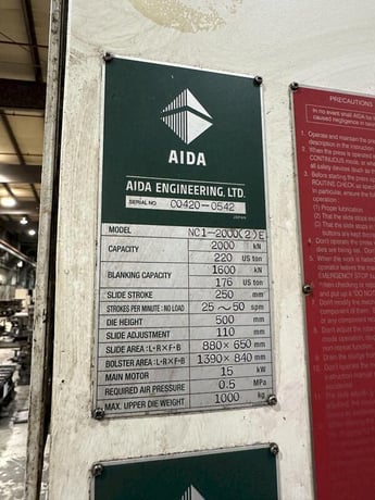 200 Ton, Aida #NC1-2000(2)E, single crank gap frame press, 54.7" x 33.1" bed, 9.84" stroke, 25-50 SPM, 4.33" - Image 10