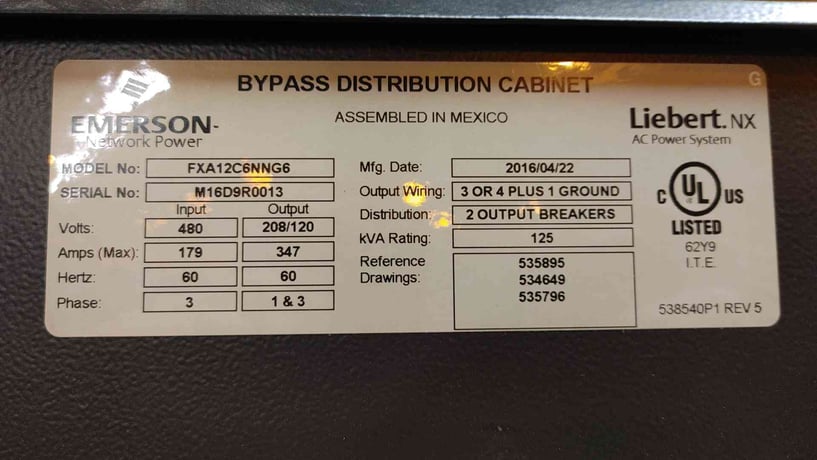 125 KVA Liebert #FXA12C6NNG6, NX Bypass Distribution Cabinet, 3 Phase, 347 Amps, 480 x 208/120 V, 2016 - Image 7