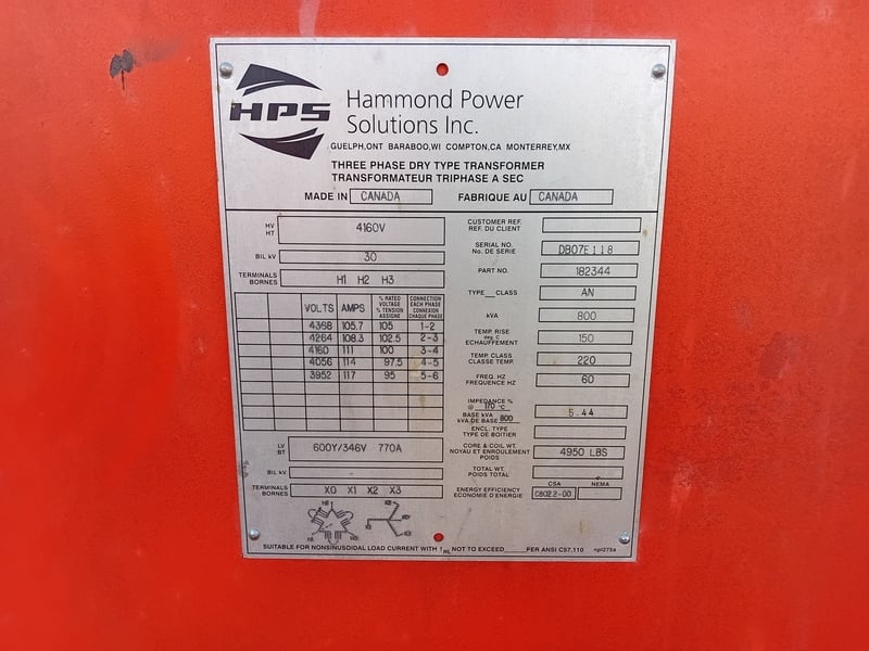 800 KVA 4160 Primary, 600Y/346 Secondary, Transformer with Metalec underground substation - Image 3