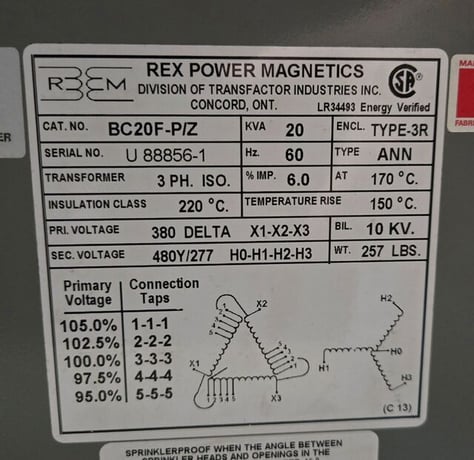 20 KVA 380 Primary, 480Y/277 Secondary, Rex Power Magnetics #BC20F-P/Z, Transformer, 3 Phase, 60 Hz - Image 4