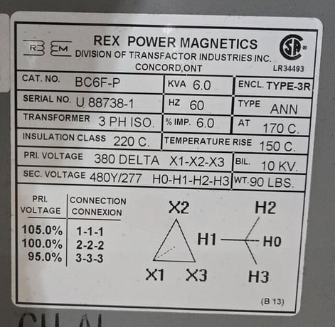 6 KVA 380 Primary, 480Y/277 Secondary, Rex Power Magnetics #BC6F-P, Transformer - Image 4