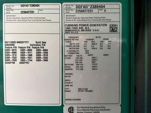 1000 KW Cummins #DQFAD, standby diesel generator set, 480 Volts, EPA Tier 2, sound attenuated enclosure, 2025 - Image 5