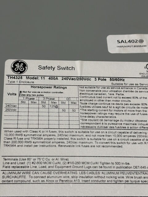 400 Amp. Eaton, TH4325, Fusible Safety Disconnect Switch, 240V 3P 3PH Type 1 - Image 7