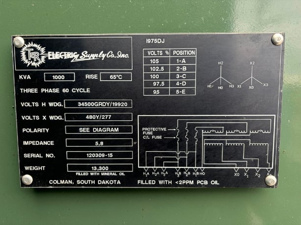 1000 KVA 34500GRDY/19920 Primary, 480Y/277 Secondary, T & R Electric, padmount transformer - Image 1