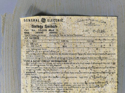 600 Amp. General Electric, TH4326, Safety Disconnect Switch, 3 Pole 240 VAC 250 Volts - Image 2