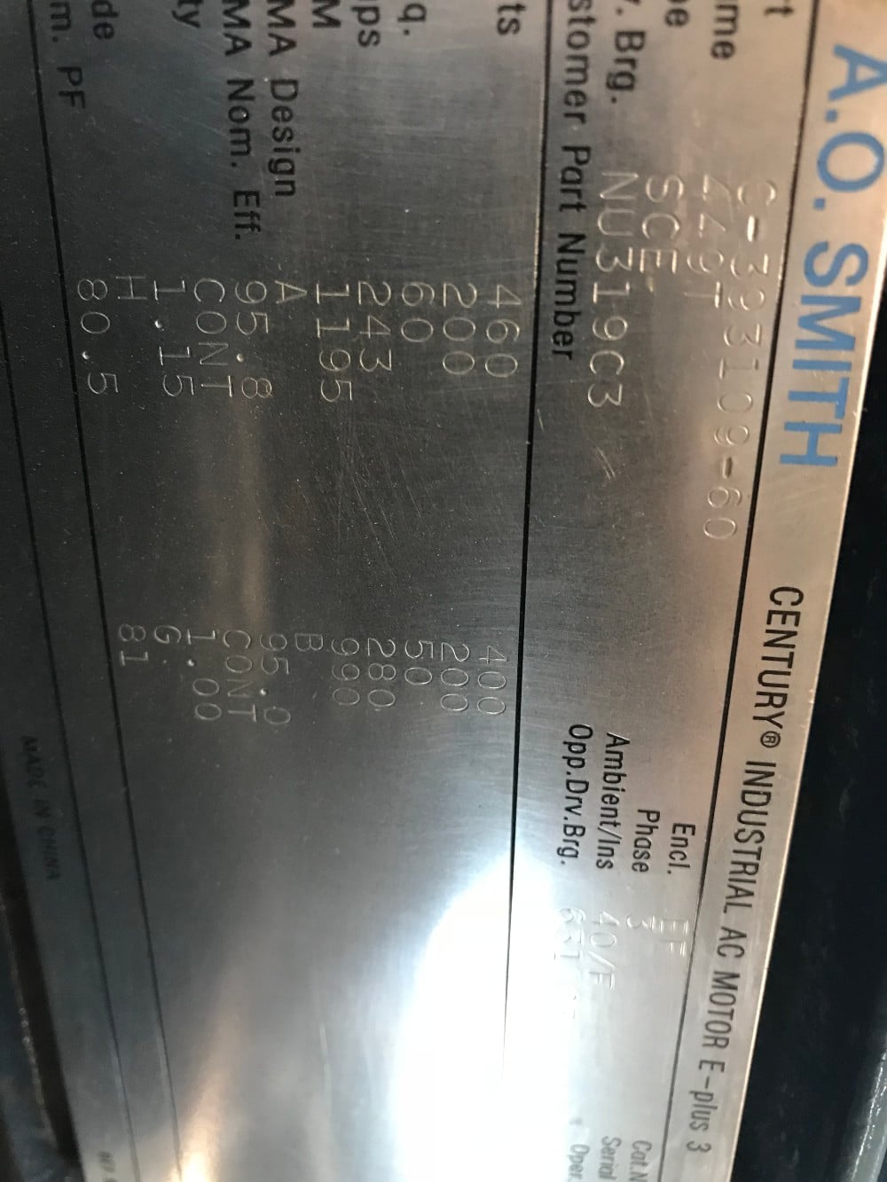 200 HP 1195 RPM A.O. Smith/Century, Industrial AC Motor, Frame 449T, E-Plus Series, 3 Phase, 60 Hz, 1.15 - Image 2