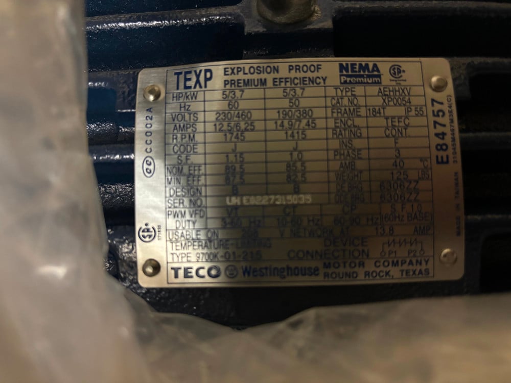 5 HP 1800 RPM Teco, Frame 184T, TEFC Explosion Proof, 230/460 Volts (80 available) - Image 1