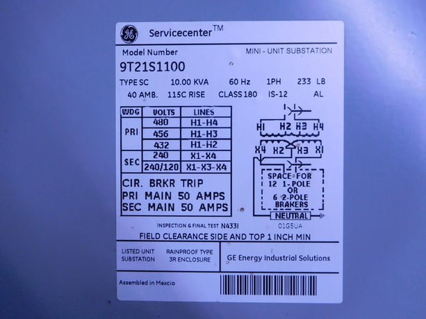 10 KVA 480 Primary, 240/120 Secondary, General Electric 9T21S1100 Servicenter mini-unit substation - Image 7
