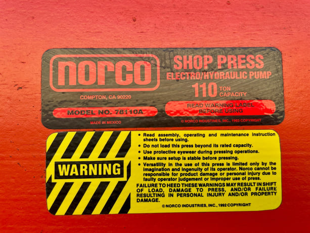 110 Ton, Norco #78110A, H-frame Hydraulic Shop Press, 9" bed rail, 10.25"ram travel - Image 9
