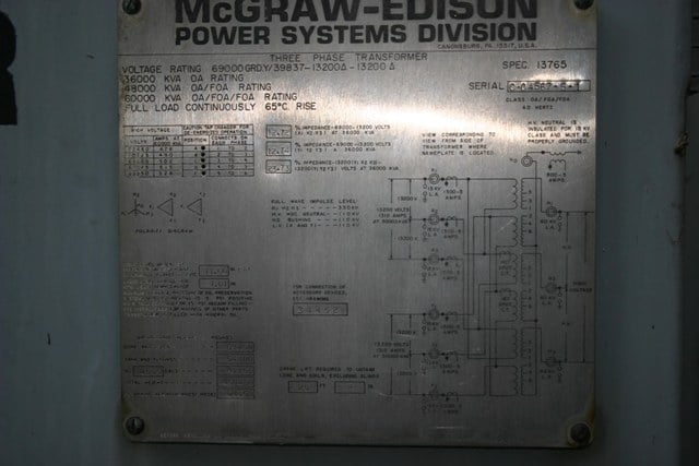 36000/48000/60000 kVA, 69000/39837 GRDY Primary, 13200 Delta Secondary, Mcgraw Edison Substation - Image 1