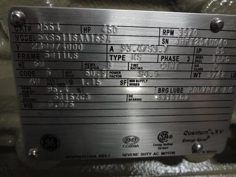 450 HP 3600 RPM General Electric, Frame 5011LS, TEFC, BB, new, 2300/4000 Volts - Image 2
