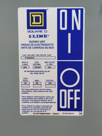 200 Amps, Square D, PQ4220G, Fusible I-Line Busway Bus Plug, 240VAC 3PH 4 Wire Class H - Image 3