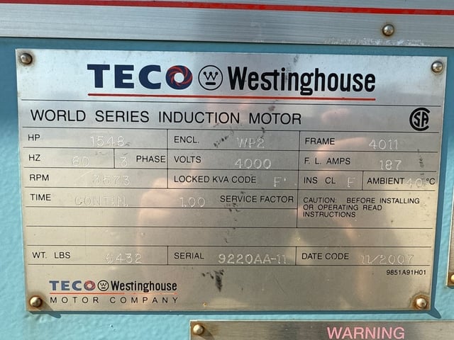 1500 HP 3600 RPM Teco Westinghouse, Frame 4011, WPIISB, 4000 Volts (4 available) - Image 3