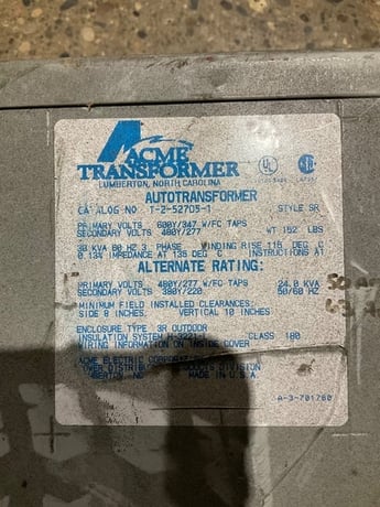 30 KVA 600Y/347 Primary, 480Y/277 Secondary, Acme T-2-52705-1 transformer - Image 2