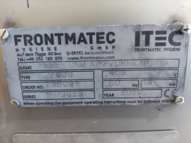 770 lb. Frontmatec #27000, portable container dumper, Stainless Steel, 460 V, 9' dump height, 108" dump, - Image 4