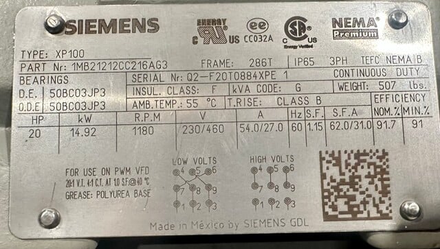 20 HP 1180 RPM Siemens, Electric Motor, VFD-Rated, Frame 286T, Type XP100, 3 Phase, 60 Hz, 54/27 Amps - Image 5