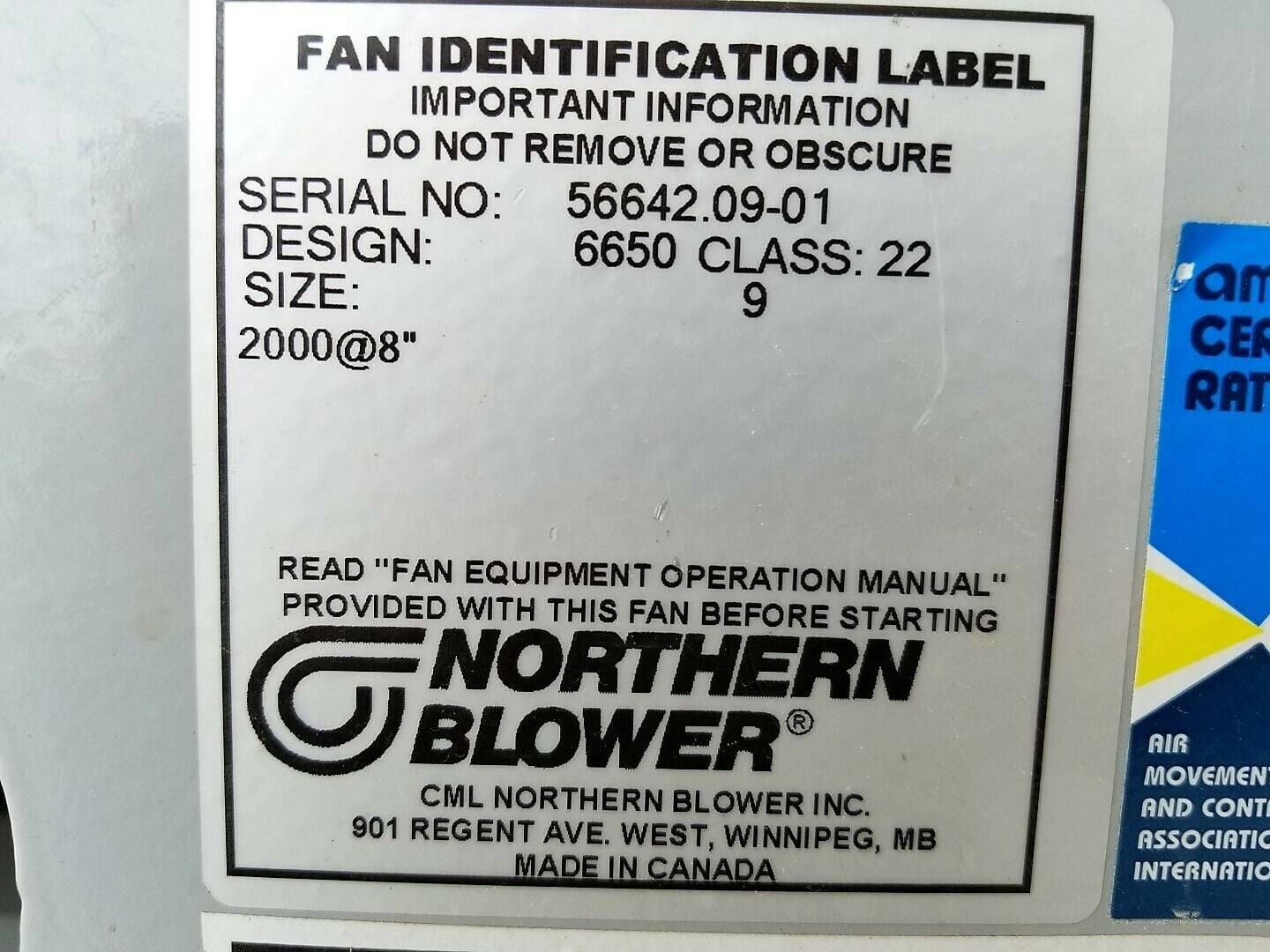 2000 cfm @ 8 S.P., Northern Blower, Blower, Size 9, Class 2, Type 6650, 5/3 HP, 230/460 V - Image 6