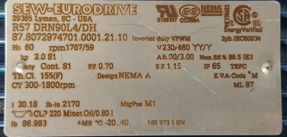 2 HP 1767/59 RPM Sew-Eurodrive, Inverter Duty w/Gearbox, 3 Phase, 60 Hz, 30.18:1 Ratio, 6/3 Amps, 230/460 V - Image 5