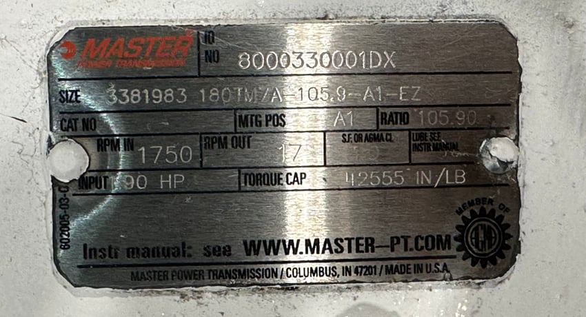 11.9 HP @ 1750 RPM, Master Power Transmission, Gear Reducer, 17 RPM Out, 105.90 :1 Ratio, 2.625" dia. Shaft - Image 6