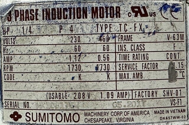 .25 HP 1730 RPM Sumitomo #CNHMS02-6105DAYA-289, Inline Gear Motor Reducer, 289:1 Ratio, 3 Phase, 6.06 Out - Image 4