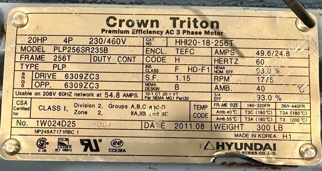 20 HP 1775 RPM Hyundai Crown Triton #PLP256SR235B, Motor, Frame 256T, 3 Phase, 60 Hz, 49.6/24.8 Amps, 230/460 - Image 5