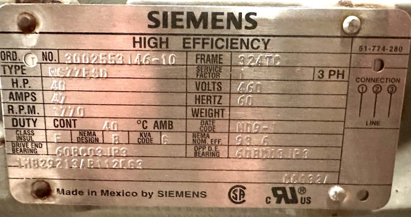 40 HP 1770 RPM Siemens, Electric Motor, Frame 324TC, 3 Phase, 60 Hz, 47 Amps, 460 V - Image 5