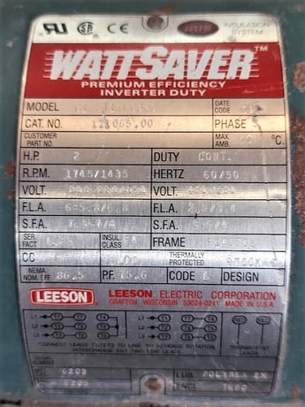 2 HP 1745/1435 RPM Leeson Wattsaver #C145T17FC38C, Inverter Duty AC Motor, 3 Phase, 60/50 Hz, 208-230/190 V - Image 4
