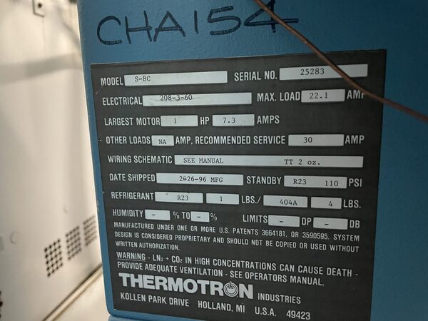 24" width x 24" D x 24" H Thermotron #S-8C, environmental chamber, 8 cu.ft., -68° to 177° - Image 5