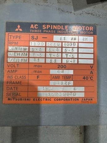 11 KW Mitsubishi #SJ-11AW-4M, AC Spdl Motor, 1500 RPM, 200 Volts, 68 Amps, forced air cooling, IP54 - Image 5