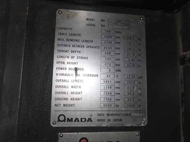 110 Ton, Amada #RG-100-30, 3-Axis, Amada NC9EXII control, 10.2'OA, 100.39" between housing, 2000 - Image 3