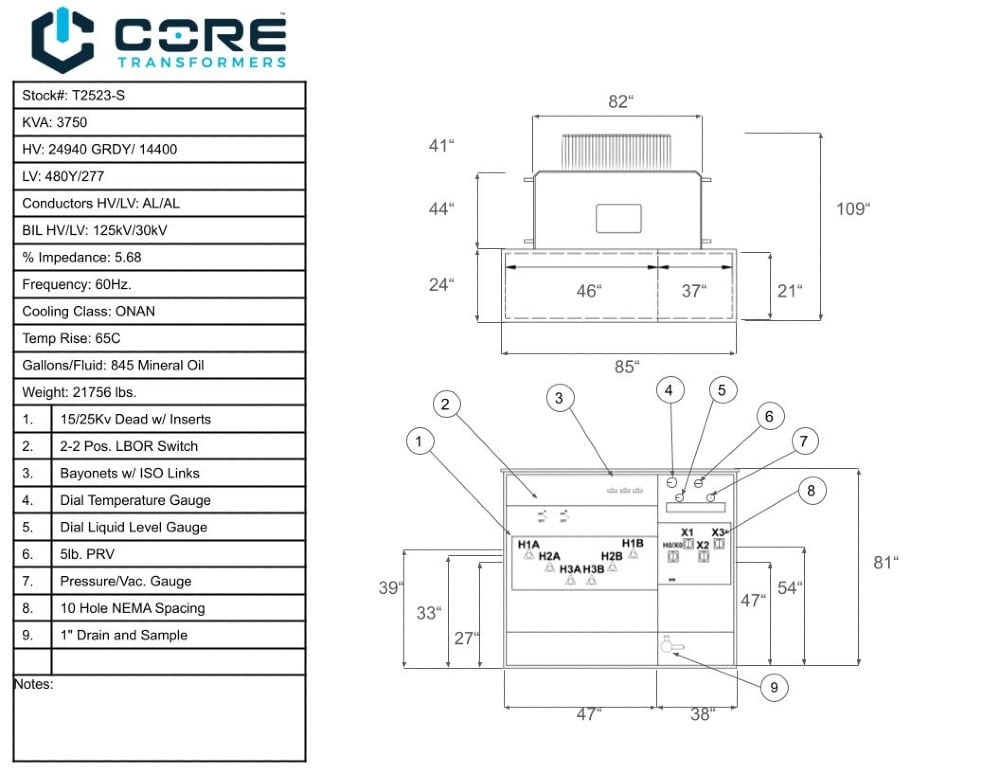 3750 KVA 24940GrdY/14400 Primary, 480Y/277 Secondary, PAD, ProCORE - Image 3