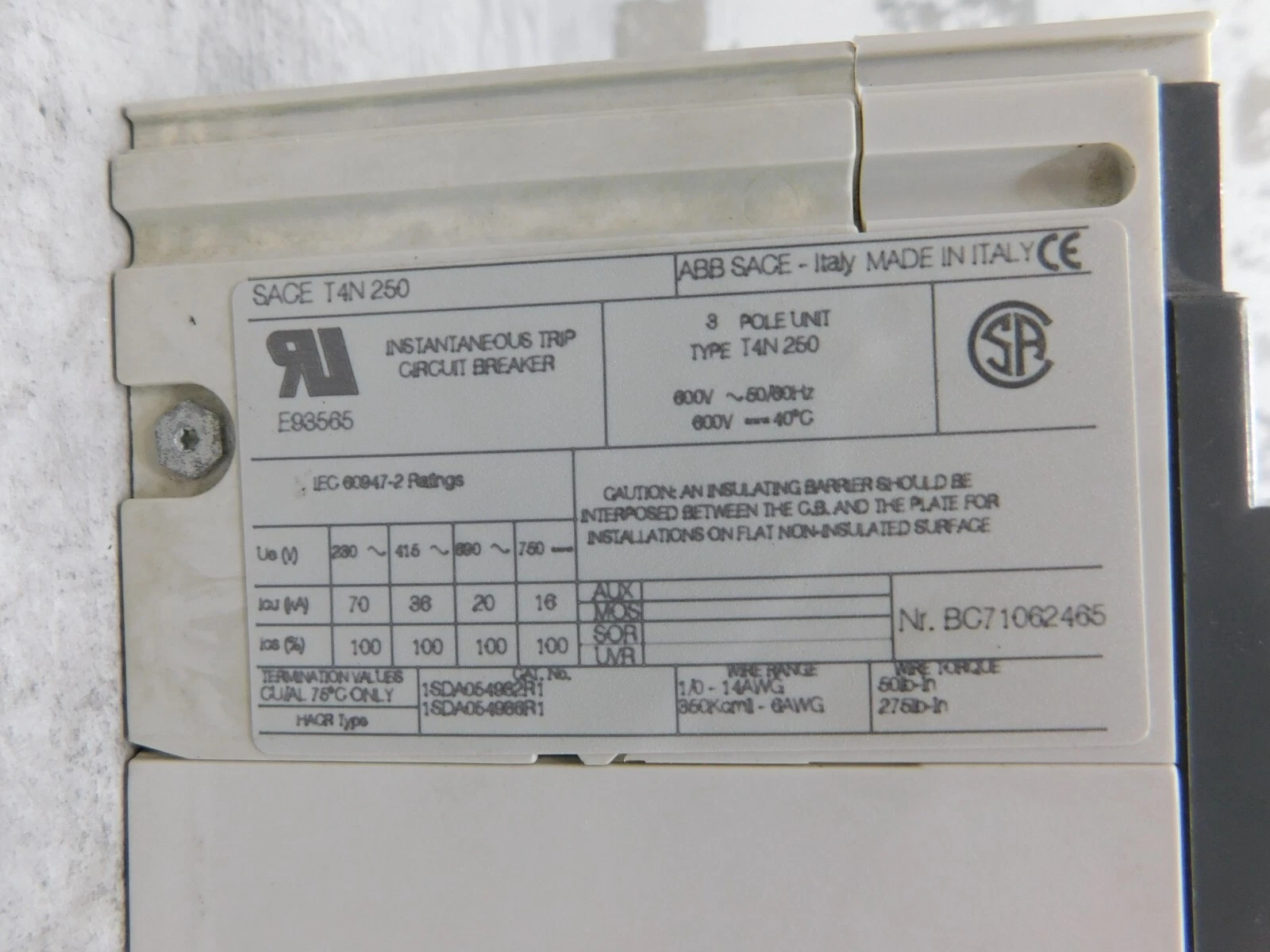150 Amps, ABB Instantaneous Trip Circuit Breaker, SACE T4N 250, 3 Pole, 600 Volts, Used - Image 3