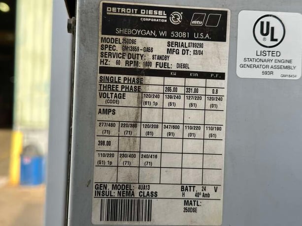 265 KW Detroit Diesel #250DSE, diesel generator set, 277/480 Volts, 954 hours, 490 HP @ 1800 RPM, Detroit - Image 10