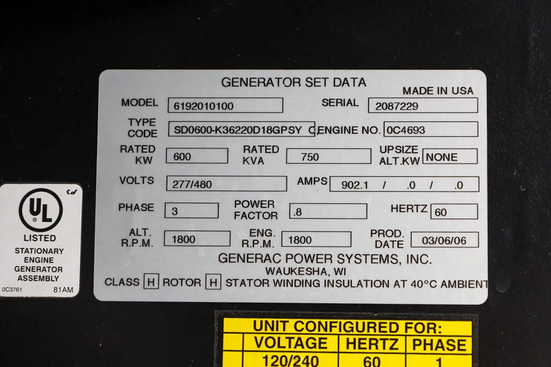 610 KW Generac #P222LE, diesel industrial generator, 277/480 Volts, 2006 - Image 6