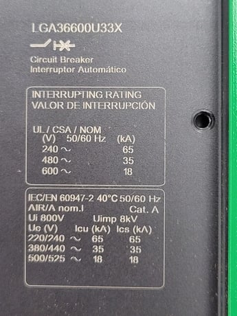 400 Amps, Square D, LGA36600U33X, PowerPact I-Line Circuit Breaker 600 Volts, 3P, 3PH - Image 3