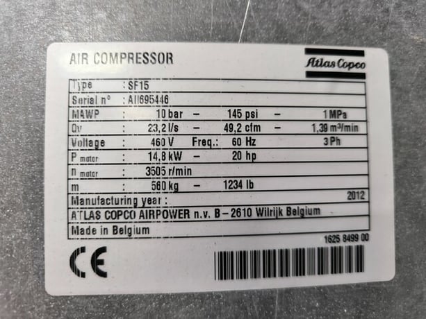 49 cfm, 145 psi, Atlas Copco #SF15, Oil Free Air Compressor, 10 bar, 14.8 kW, 20 Hp, 3505 RPM, 2012 - Image 2