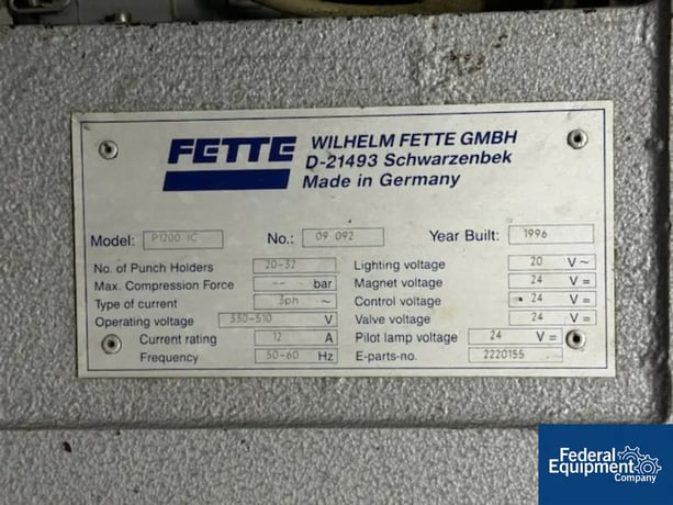 Fette #1200, Rotary Tablet Press, 80kN compression, 1996 (2 available) - Image 2