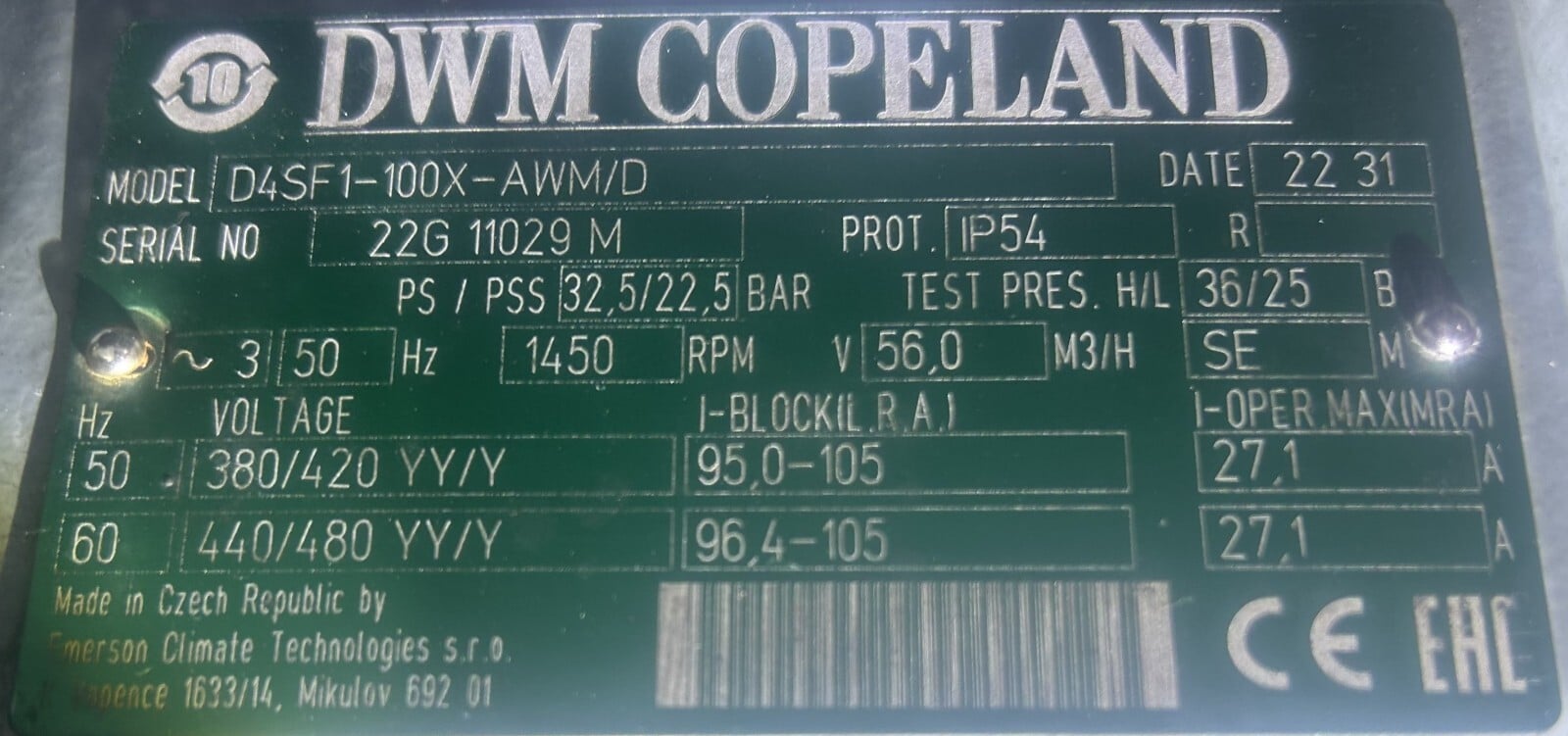 Copeland #D4SF1-100X-AWM/D, Chiller Compressor, R404A, 460 V. - Image 5