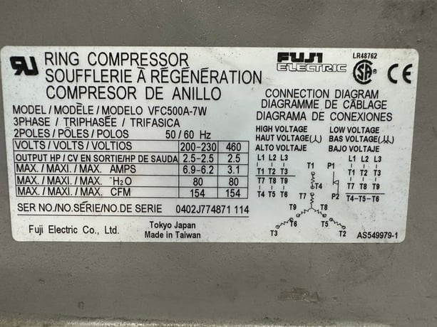154 cfm, Fuji #VFC500A-7W, ring compressor vacuum blower, 2.5 HP, 2" inlet/outlet - Image 5