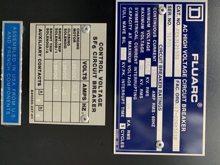 1200 Amp, SQUARE D, No. FLUARC SF6, 34500 Volts, CAT. #FCS3121532 - Image 2