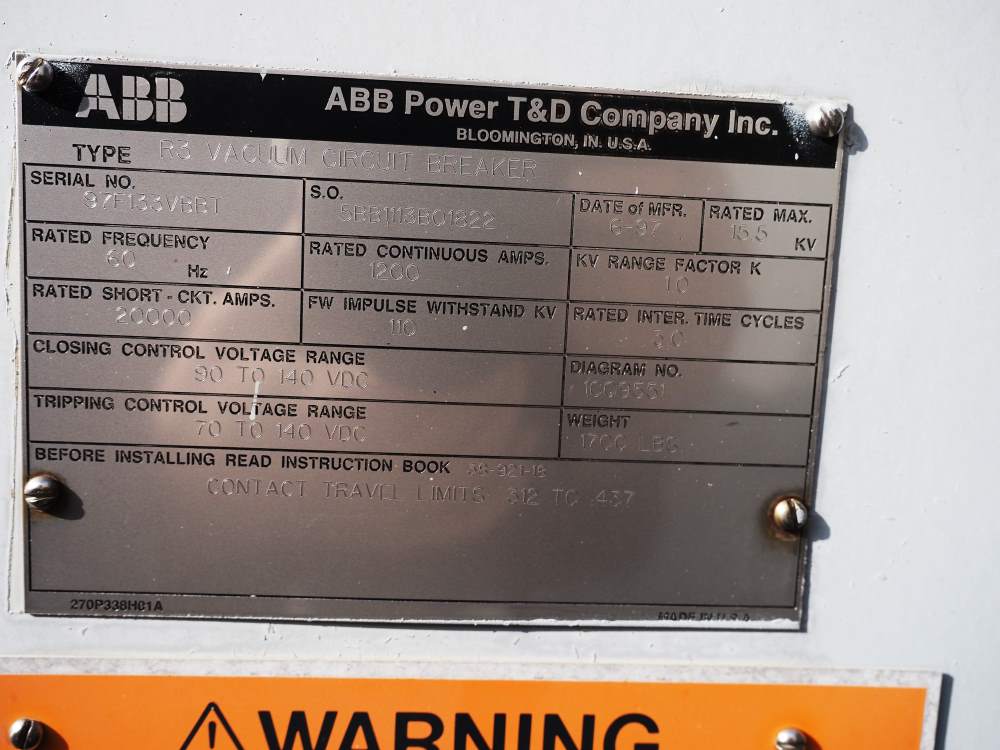 1200 Amp, ABB, R3, 15.5 KV, VACUUM, 125VDC C+T, 20kA SHORT - Image 1