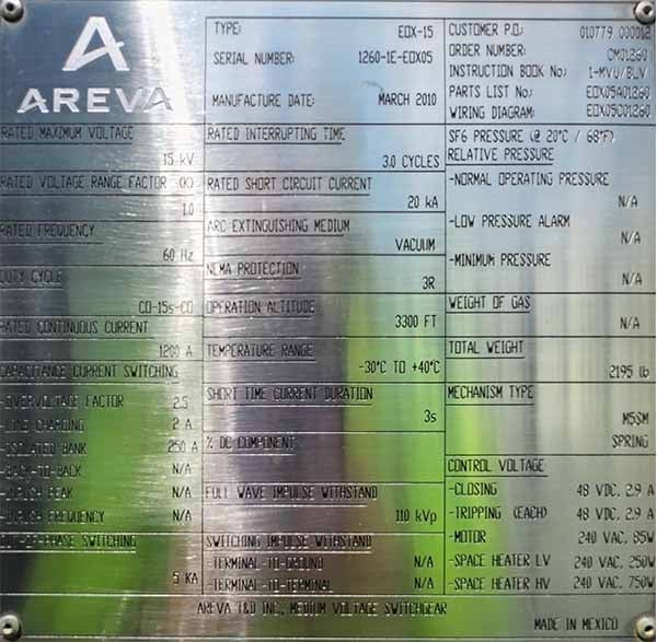 1200 Amp, AREVA, EOX-15, 15000 Volts, SUBSTATION VACUUM BREAKER - Image 1