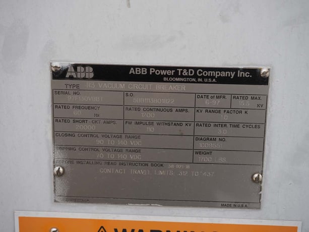 1200 Amp, ABB, R3, 15.5 KV, VACUUM, 125VDC C+T, 20kA SHORT - Image 1