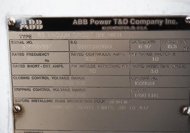 1200 Amp, ABB, R3, 15.5 KV, VACUUM, 125VDC C+T, 20kA SHORT - Image 1